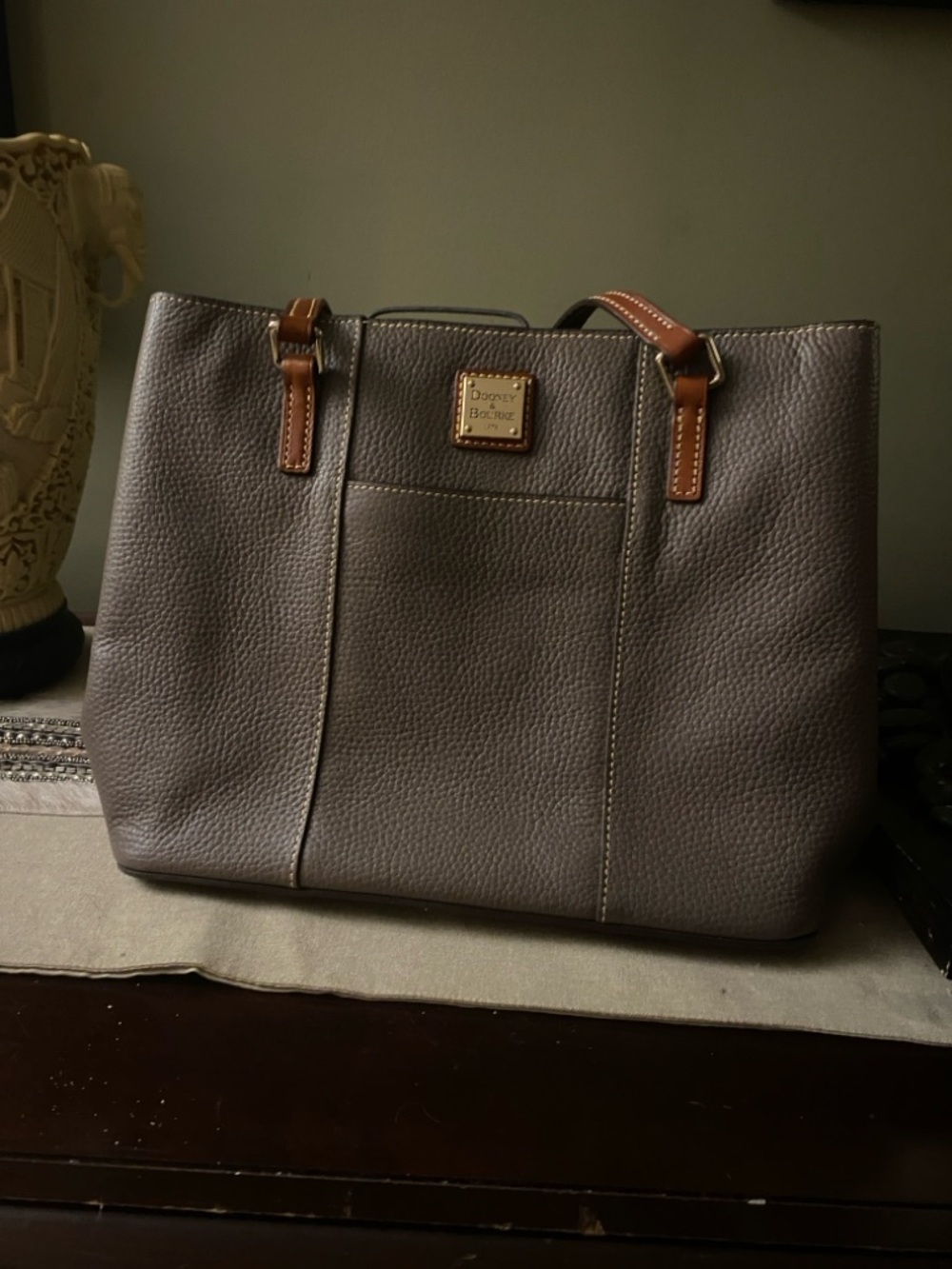 Dooney & Bourke Taupe Pebble Leather Tote with Brown Trim